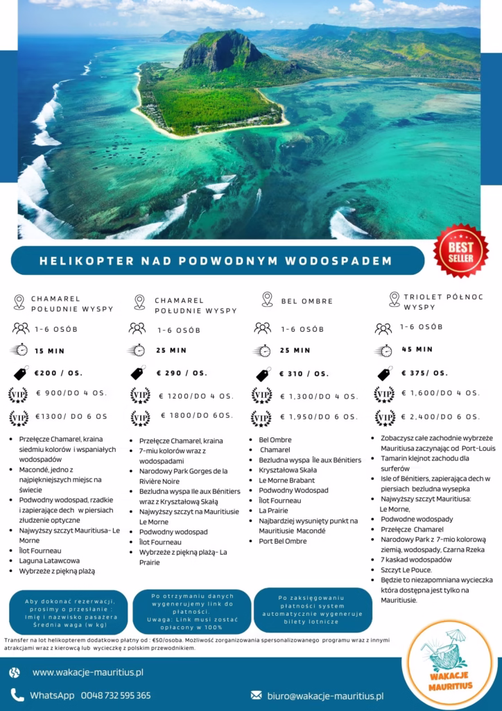 Widok helikoptera nad podwodnym wodospadem w Mauritiusie, z malowniczymi wyspami i turkusową wodą.