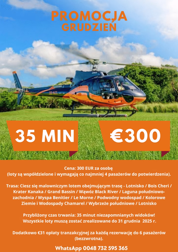 Promocja lotu helikopterem w grudniu 2024, cena 300 EUR za osobę, trasa obejmująca malownicze widoki Mauritiusa.